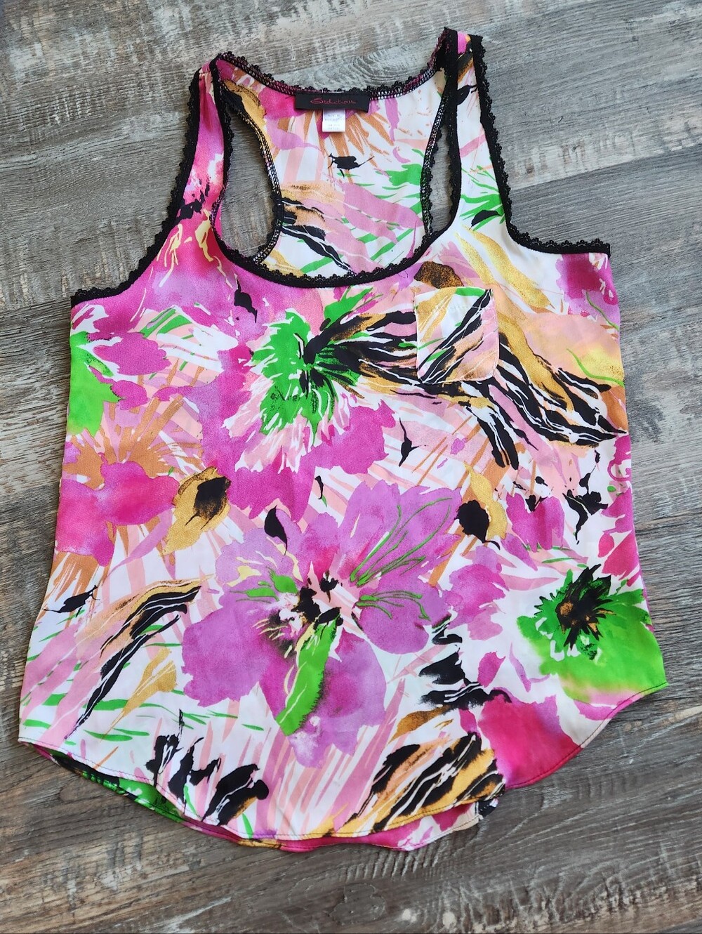 Seductions Vintage Y2k Floral Animal Print Chiffon Lace Trimmed Tank Size Medium